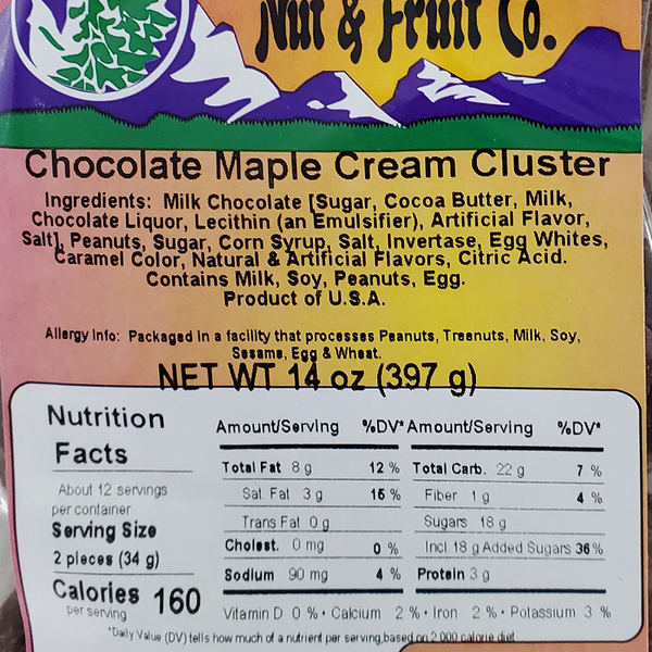 Chocolate Maple Cream Clusters 14oz Label